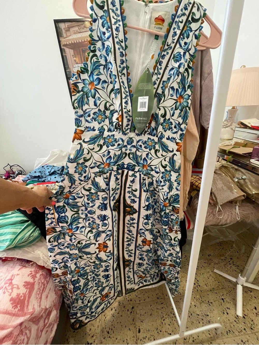 NWT FARM Rio White Maxi Dress with Blue and Tan Floral Print - Picture 3 of 11